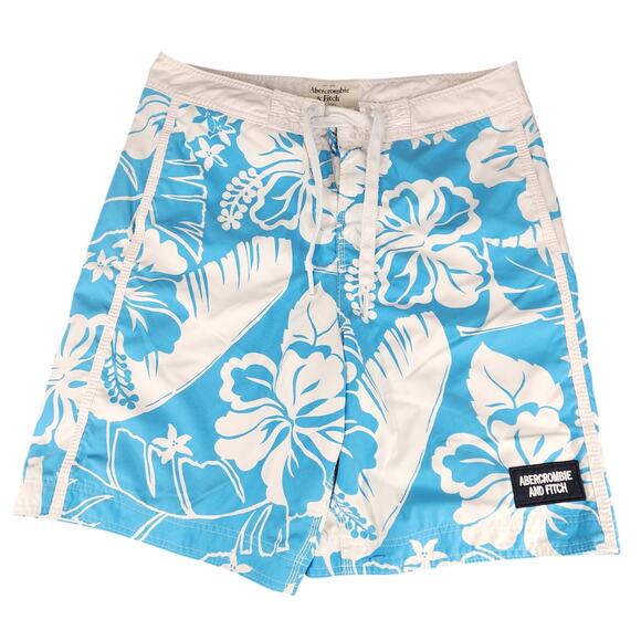 Abercrombie Fitch Board Short sz L Men Hawaiian Hibiscus Tropical Blue White 21" - Picture 1 of 12